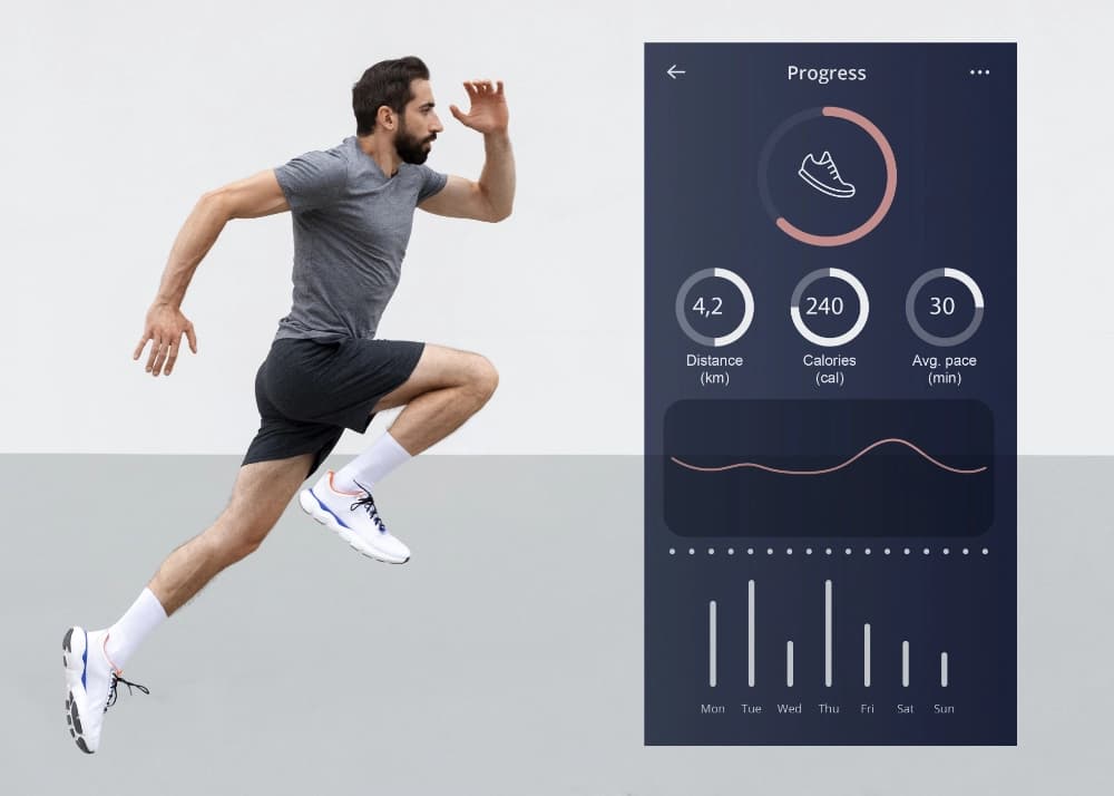 Side view of a man running with trakcing stats