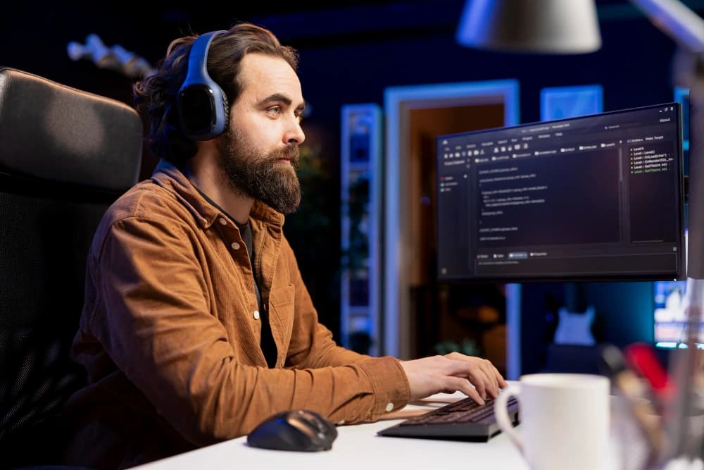 Web developer working on a call